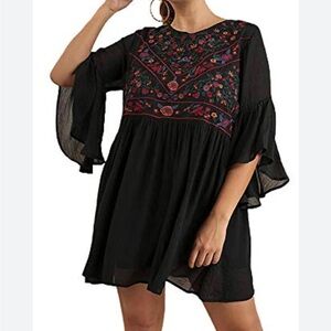 Umgee Boho Bliss Black Dress with Floral Embroidery‎